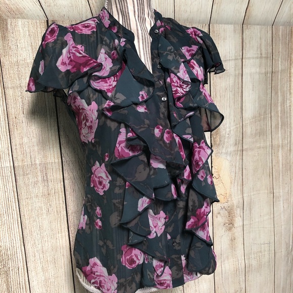 Casual Comfy Purple Floral Sheer Ruffle XS Blouse - Picture 3 of 7